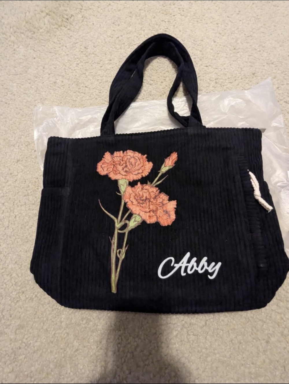 Personalized Black Tote Bag with Peach Floral Embroidery - Abby